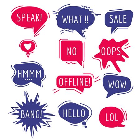 Speech bubbles text. Thinking words and phrase sound humor sticker communication tags speaking expression comic vector cartoon bubbles. Illustration cloud humor communication, bubble and balloonのイラスト素材
