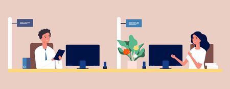Managers at work. Girl and guy financial advisors. Bank employees, HR managers, administrators vector illustration. Bookkeeping worker, businessman personのイラスト素材