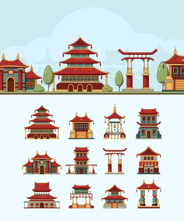 China houses. Traditional east buildings beautiful roof japan architectural objects vector flat illustrations. Japan building, chinese traditional houseのイラスト素材