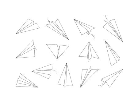 Linear paper planes. Drawing origami aircraft transport air vector collection. Illustration paper plane drawing, linear origami airplaneのイラスト素材