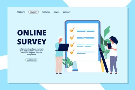 Online survey landing page. Choice list, quality questionnaire. People answering question, business internet marketing vector web banner. Illustration research and feedback, check list surveyのイラスト素材