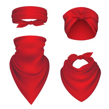 Bandanas realistic. Headbands for bikers sport protection gangster scarf for head and neck vector mockup. Illustration scarf realistic, bandana fabric clothingのイラスト素材