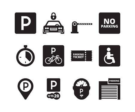 Parking icon. Transportation silhouette symbols cars bikes cash garage vehicles park vector collection set. Illustration park vehicle garage, transport location service illustrationのイラスト素材