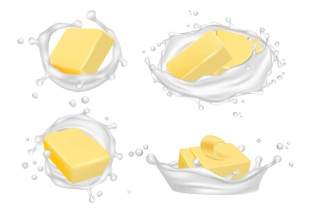 Realistic butter and milk splashes. Vector creamy butter isolated on white background. Milk and butter for breakfast, snack cream product illustrationのイラスト素材