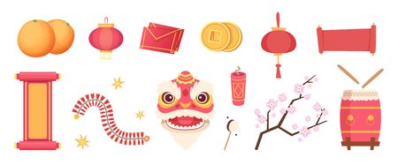 Asian festive elements. Dragon mask, fireworks, drum and scrolls, paper lantern and coins isolated vector set. Illustration festival traditional object collectionのイラスト素材