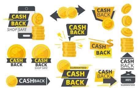 Money cash back. Promotional special offer service for markets vector stickers or badges collection. Cash money, finance business cashback emblem illustrationのイラスト素材