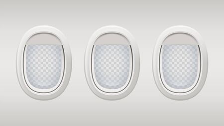 Airplane windows. Inside realistic plane windows vector template. Portholes grey background with transparent elements. Plane inside porthole, aircraft cabin illustrationのイラスト素材