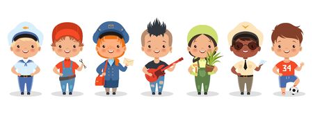 Kids professions. Cartoon happy children different professions vector characters. Profession job children, occupation different kids illustrationのイラスト素材