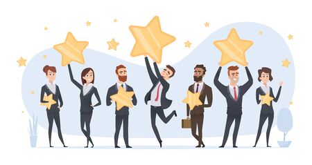 Rating stars. People holding in hands various stars of ratings and reviews vector business concept. Illustration rating and feedback review starsのイラスト素材