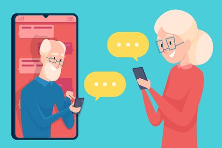 Old person messaging. Smartphone dialog dating of older person male and female online call talking elderly characters vector concept. Illustration woman and man elderly web communicationのイラスト素材