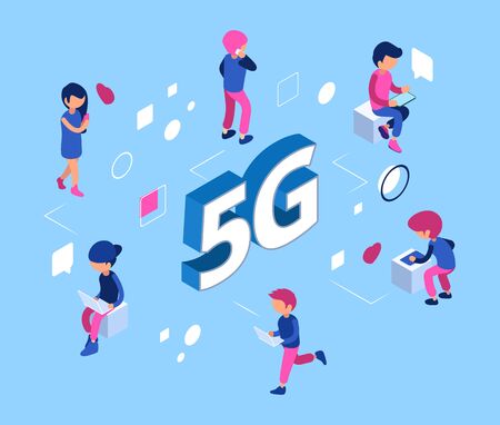5G network concept. Isometric 5g wifi net. Vector 3D people with smartphones, laptops, tablets....