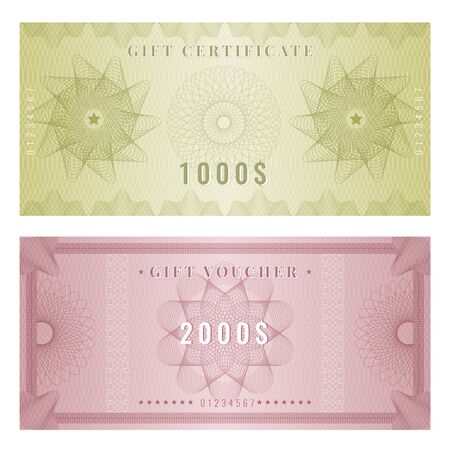 Coupon template. Certificate design with guilloche engraving watermarks shapes and borders vector. Illustration voucher and certificate award, banknote with guillocheのイラスト素材