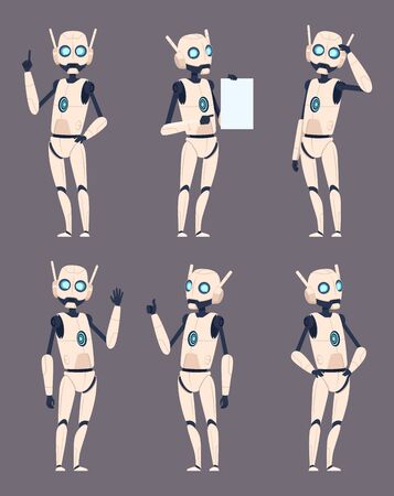 Cyborg in different poses standing pointing humanoid spaceman vector futuristic set. Robot and cyborg illustration, machine robotic characterのイラスト素材