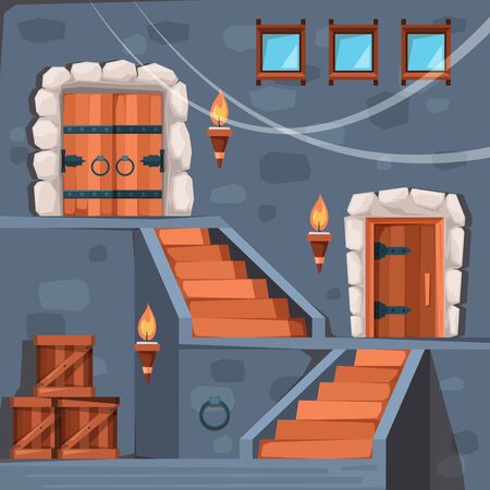 Castle basement. Ancient prison entrance dark crypt interior with doors and staircase stone vector flat picture. Castle game medieval stone, palace architecture illustrationのイラスト素材