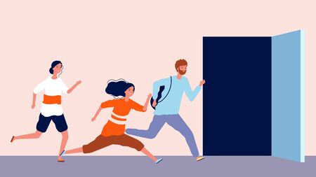 People run to open door. Being late, men and women hurry. End or beginning of working office day vector illustration. Open door and person run to opportunityのイラスト素材