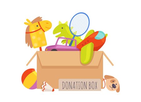 Donation box. Voluntary help children, isolated box with toys. Charity vector illustration. Giving and volunteering toys, kindness and charityのイラスト素材