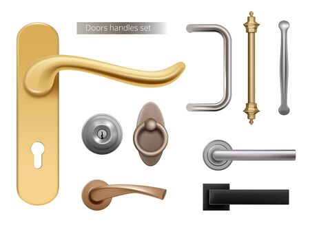 Modern door handles. Silver and golden metal furniture handles for opened room doors interior elements vector realistic. Handle door, lock and knob illustrationのイラスト素材
