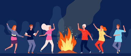 Campfire dance. People happy characters at night camping festival vector group persons. Illustration fire dance, people party forest near campfireのイラスト素材