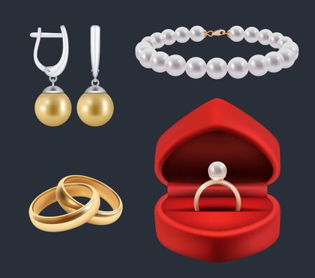 Wedding rings. Gold trappings in decoration red packs glossy jewelry vector realistic set. Illustration jewellery and brilliance, costly luxuriousのイラスト素材