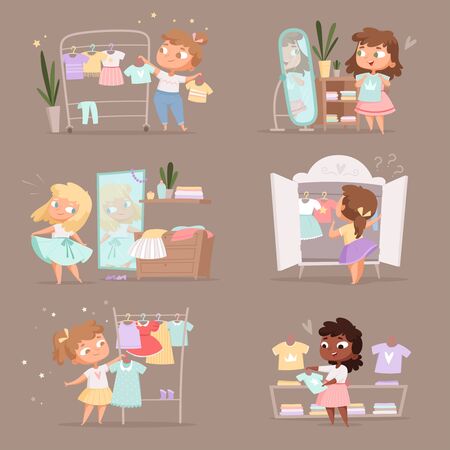 Wardrobe girl. Parent help choice clothes for kids changing room in marketplace vector cartoon illustration. Girl choice wardrobe, dress clothes on hangerのイラスト素材
