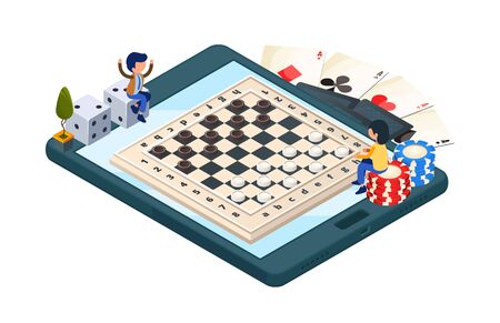 Online board game. Isometric phone with checkers game. Vector gamers characters, dice, cards. Illustration checkers championship onlineのイラスト素材
