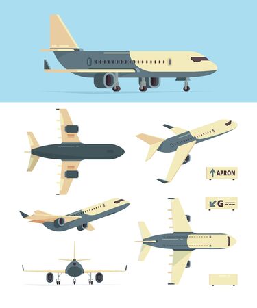 Civil aviation plane. Model of different airplanes views aircraft vector collection. Plane aviation, civil airplane, aircraft for passenger illustrationのイラスト素材