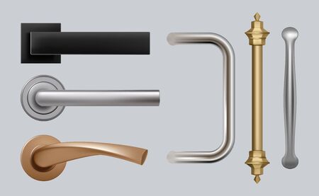Doors handles. Modern detailed high quality vector pictures steel metal handles for furniture. Handle door collection realistic, classical detailed illustrationのイラスト素材