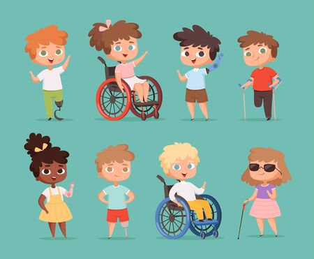 Disability children. Kids sitting in wheelchairs handicapped little persons in school vector cartoon illustrations. Disability kids friendship, child young kidのイラスト素材