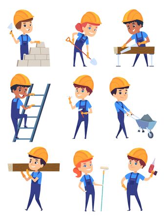 Children builders. Little working characters in yellow helmet for building professional construct vector cartoon. Illustration character children worker, workman and womanのイラスト素材