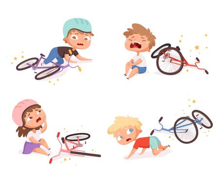 Bike accident. Kids fallen damaged bicycle broken transport children accidents helping person vector characters. Set of accident by bike, illustration child crying after fallのイラスト素材