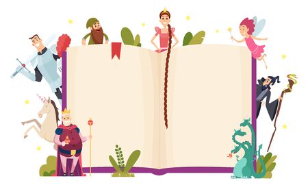 Fairy tale frame. Decorative background with fantasy characters book in cartoon style vector template. Fairy fantasy book for story, characters collection illustrationのイラスト素材