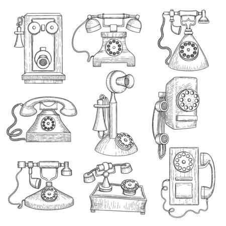 Retro telephone. Old ancient technology gadgets vector hand drawn communication objects. Retro old telephone, technology phone equipment illustrationのイラスト素材
