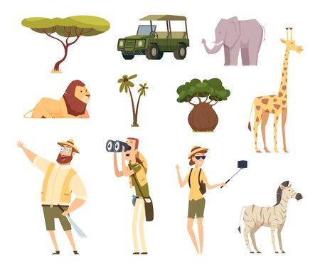 African safari. Wildlife animals travel car kenya jungle characters vector cartoon set. Jungle african, africa wildlife, safari mammal illustrationのイラスト素材