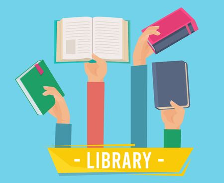 Hands with books. Library persons holding opening books vector concept of learning vector set. Library badge for education and rea in university illustrationのイラスト素材