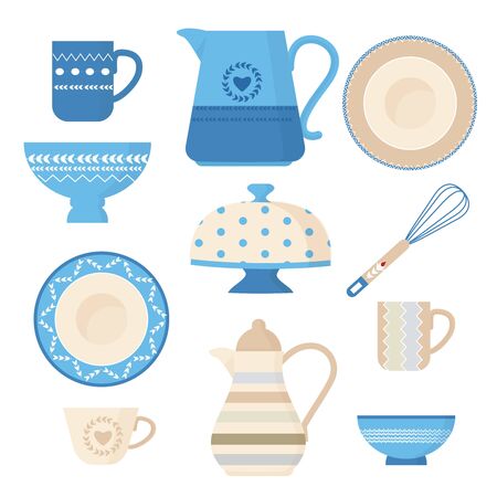 Ceramic cookware. Kitchen utensils trendy decorative tools plating bowl handmade dishes teapots cups and mugs vector illustrations. Plate and dish, pitcher and teacup, pattern household mug and jugのイラスト素材