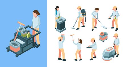 Cleaning industry isometric. Industrial cleaning service workers equipment remove carpet. Cleaning equipment, cleaner industry illustrationのイラスト素材
