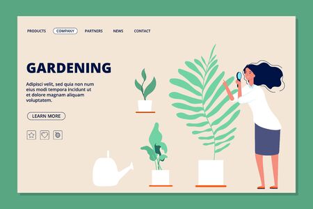 Gardening landing page. Woman and plants, botanical garden or greenhouse. Blossom house plant in pots vector web banner. Gardening botanical, gardener in orangery, florist growing illustrationのイラスト素材