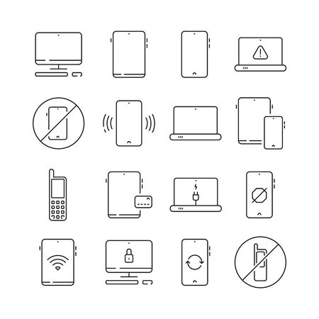 Mobile devices. Mobility equipment electronic gadgets vector collection set thin line icon. Mobile device, tablet and computer, phone screen or monitor display illustrationのイラスト素材