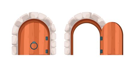 Open closed doors. Ancient steel and wooden gates exterior antique vector isolate pictures. Wood door in house castle, entry wooden illustrationのイラスト素材