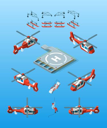 Helipads. Helicopter isometric vector civil aviation set urban transport. Illustration helicopter with lifeguard, transport isometry aviationのイラスト素材