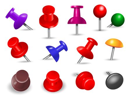 Red thumbtack. Office supplies for paper note push and attachments objects organize angle mount pin colored markers vector set. Thumbtack for office, pushpin attach collection illustrationのイラスト素材