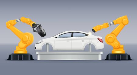 Industry conveyor. Vehicle production manufacturing processes robotic arms helping car production vector automotive works. Production conveyor machinery, automobile vehicle manufacturing illustrationのイラスト素材