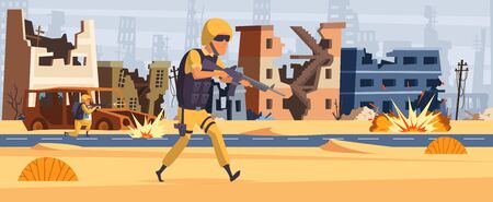 Army soldier. Military background man with ammunition and gun warrior attack vector cartoon character. Army warrior with gun run to attack illustrationのイラスト素材
