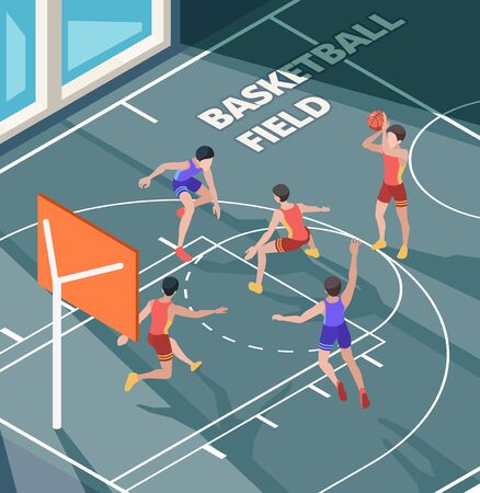 Basketball field. Sport club active game players in action poses orange ball on court or floor vector isometric characters. Basketball play in court field, game with ball illustrationのイラスト素材