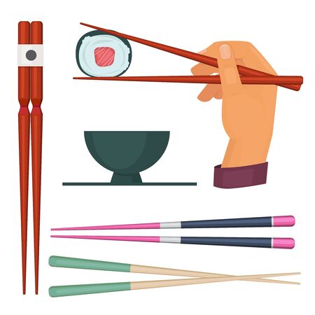 Wooden chopstick. Oriental kitchen items for eating food colored japan stick for eating sushi and seafood vector illustrtions. Chopstick bamboo, japanese restaurant utensilのイラスト素材