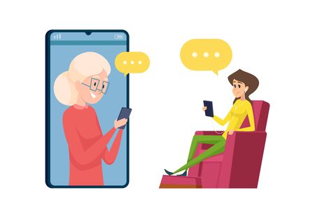 Video call to parents. Daughter and mother talking phone. Happy grandmother and granddaughter, elderly woman with smartphone vector illustration. Grandmother use smartphone, woman and granddaughterのイラスト素材