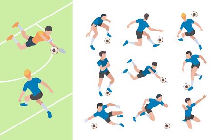 Soccer characters. Isometric athletics persons football players sprinting on field vector 3d people. Soccer athlete, goalkeeper isometric, player team illustrationのイラスト素材