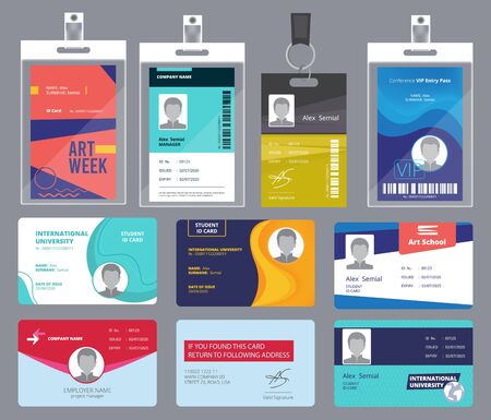 Personal card id. Male or female passport or badges personal office manager business tags vector design template. Personal identity for security, id personalize illustrationのイラスト素材