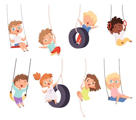 Swing rides. Gymnastic exercise of childrens on rope amusement attraction happy kids vector set. Childhood play cheerful, swinging activity illustrationのイラスト素材
