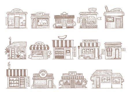 Hand drawn buildings. Pharmacy shop bar and restaurant market vector illustrations. Pharmacy and market facade, coffee shop linearのイラスト素材